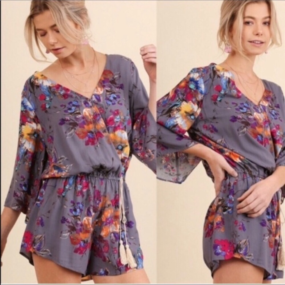 UMGEE Floral Romper Tassel Tie Waist Purple